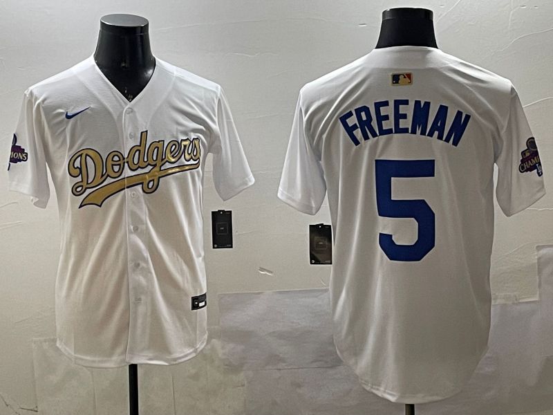Men Los Angeles Dodgers 5 Freeman White Champion gold character 2025 Nike MLB Jersey style 33110